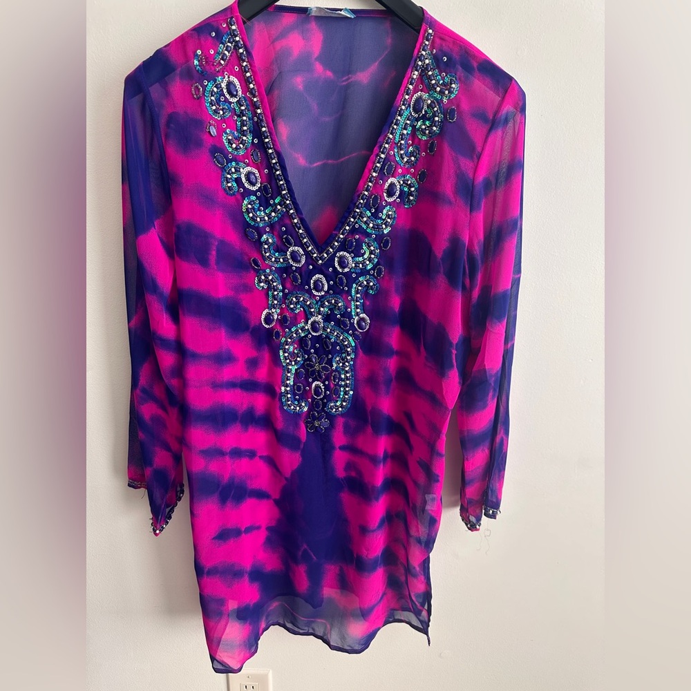 Cover Up “”Vibrant Fuchsia & Purple Beaded Sequined Swimsuit/Beach”